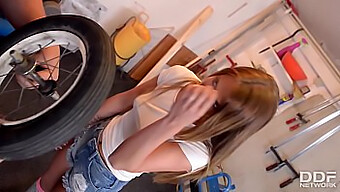 European Teen Gives A Blowjob And Gets Cum In Her Mouth In Repair Shop